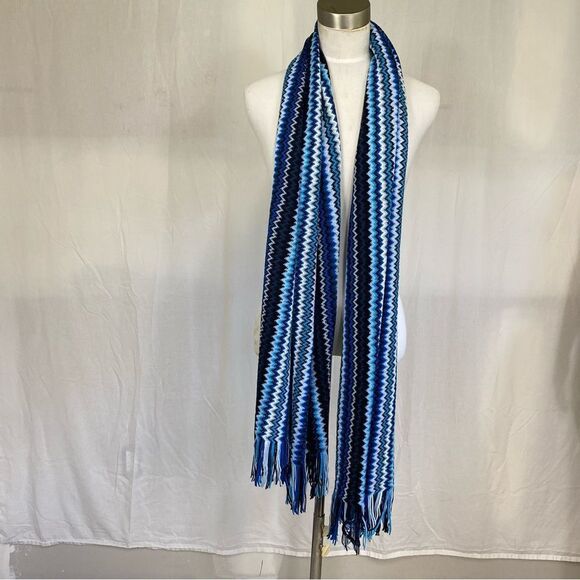 Missoni blue tone zig zag chevron wool blend made in Italy fringe scarf